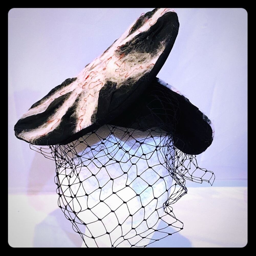 French felted high fashion hat with veil black white art to wear
